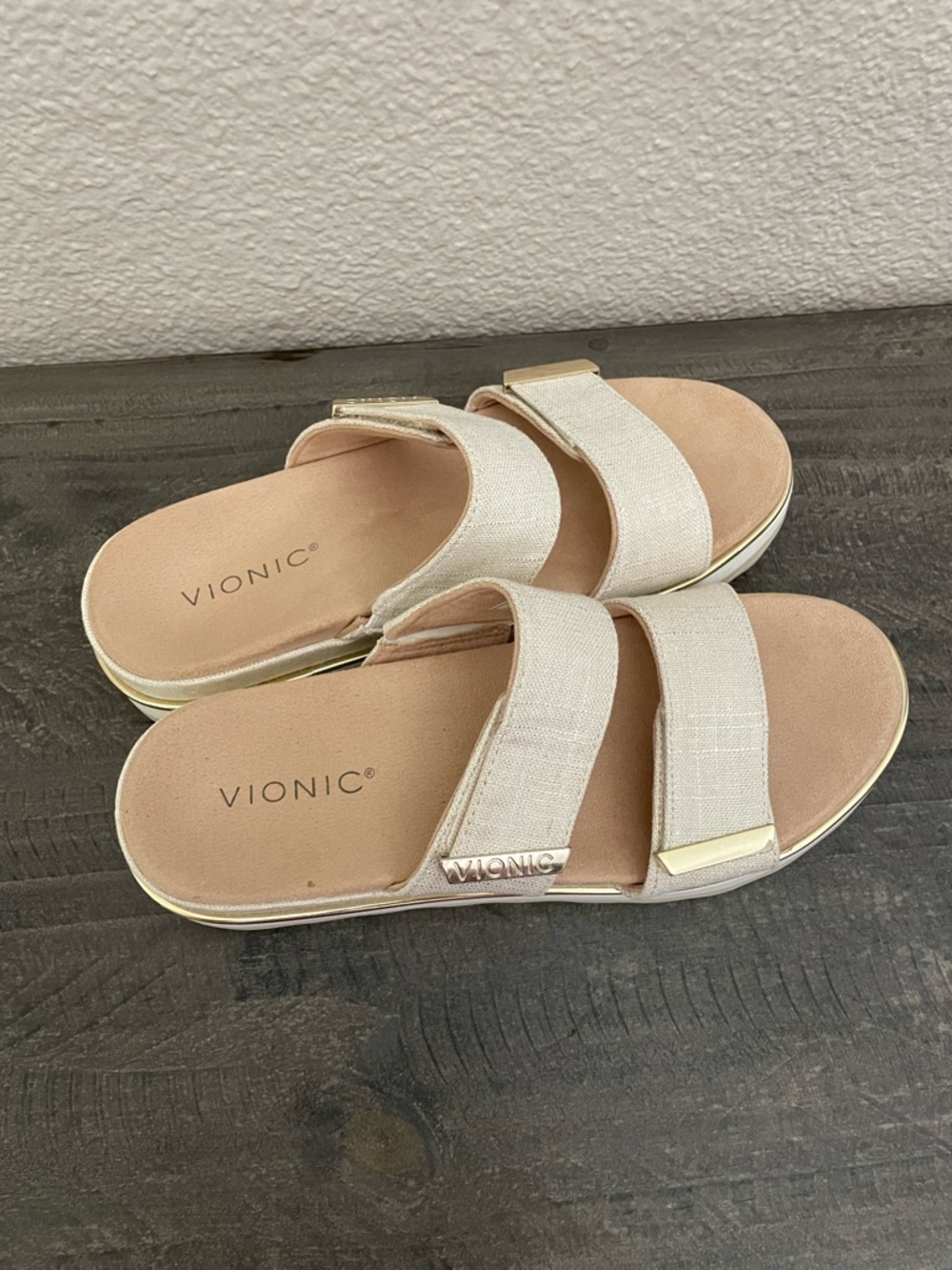 Vionic Beige Cream Double-Strap Slide Sandals